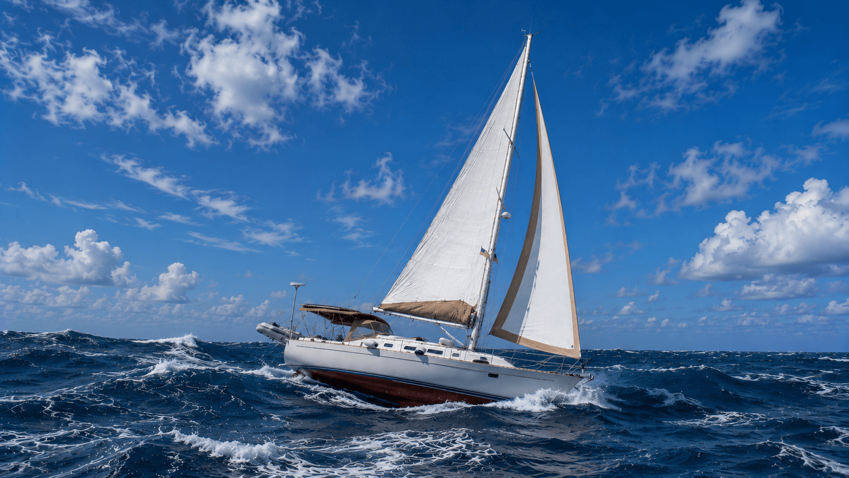 Mystique 42 foot Tatoosh sailing offshore under full sail